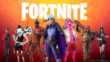 a group of cartoon characters standing in front of a fortnite logo