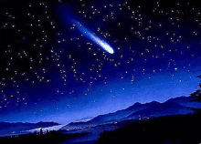 a painting of a comet flying through a starry night sky over mountains .