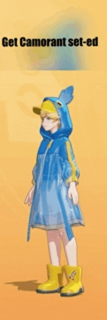 a girl wearing a blue and yellow outfit with a duck hood and yellow boots .