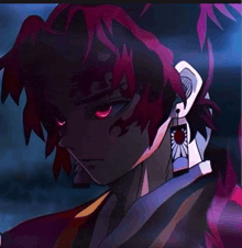 a close up of a demon slayer anime character with red eyes and earrings on his ears .