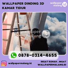 an ad for wallpaper dinding 3d kamar tidur with a phone number