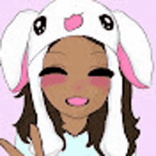 a cartoon girl wearing a white bunny hat with pink ears and a heart on it .