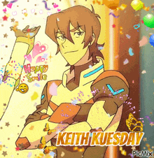 a cartoon of keith kuesday with a happy smile