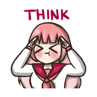 a cartoon of a girl with pink hair covering her eyes and the word think above her