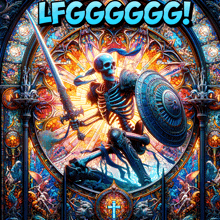 a poster of a skeleton holding a sword and shield with the words lfg g g g g g