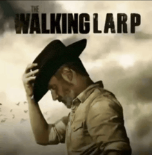 a poster for the walking larp shows rick grimes adjusting his hat