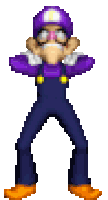 a pixel art of wario wearing a purple hat and overalls dancing