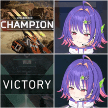 a girl with purple hair and red eyes is smiling in front of a sign that says victory