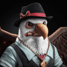 a bald eagle wearing a hat and tie holds a cigar in its mouth