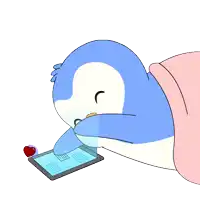 a blue and white penguin is laying down with hearts coming out of its eyes