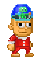 a pixel art of a man wearing a blue hat with a green octopus on it