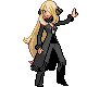 a pixel art of a woman with long blonde hair wearing headphones and a black suit .