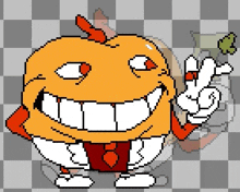 a pixel art drawing of a cartoon character with a big smile and a peace sign .