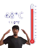 a man is screaming in front of a thermometer that reads 48 degrees