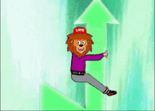 a cartoon lion wearing a red hat that says lame is sitting on a green arrow