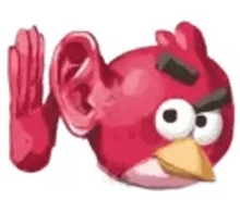a red angry bird with a big ear and a hand behind it .