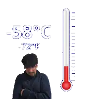 a man with his arms crossed stands next to a thermometer that reads -72 degrees fahrenheit