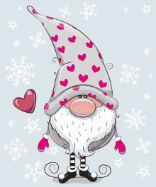 a gnome wearing a hat with hearts on it