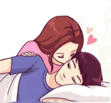 a cartoon of a man and woman hugging each other in bed