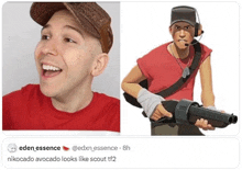 a man in a red shirt is smiling next to a picture of a man with a gun .