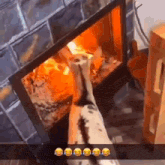 a dalmatian is standing in front of a fireplace with a smiley face on the bottom left corner .