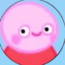 a close up of a pink cartoon character 's face in a red circle on a blue background .