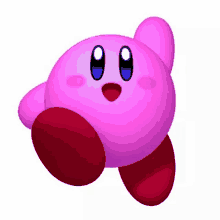 a pink kirby with blue eyes and red feet is flying in the air