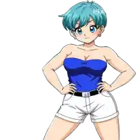 a girl with blue hair is standing with her hands on her hips