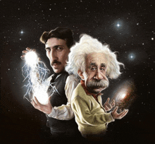 a cartoon of einstein and nikola tesla with a galaxy in the background