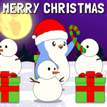 a penguin holding a candy cane is surrounded by snowmen and gifts with the words merry christmas above them