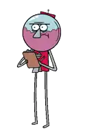 a cartoon character holds a clipboard and a pen