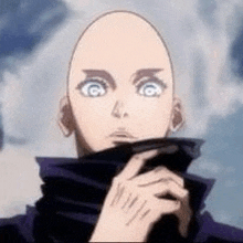 a close up of a bald anime character holding a cell phone .