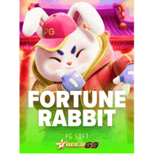 a poster for fortune rabbit with a rabbit wearing a pink hat