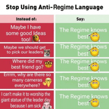 stop using anti-regime language instead of maybe i have some good ideas too the regime knows best