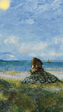 a painting of a man sitting on a pile of rocks near the ocean