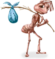 a cartoon ant is carrying a blue bag and a stick
