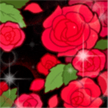 a black background with red roses and green leaves