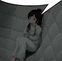 a girl in a straight jacket is sitting in a cell with a speech bubble above her head