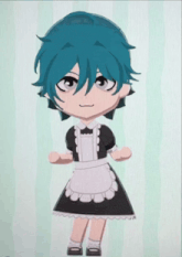 a cartoon character with blue hair and a maid outfit