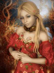 a girl in a red dress with flowers on her chest