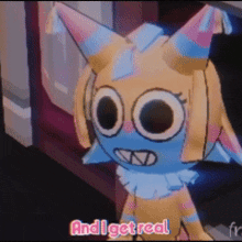 a cartoon character says " and i get real " while wearing a party hat