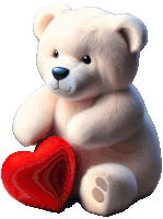 a white teddy bear holding a red heart