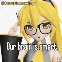 a cartoon girl with glasses is holding a cup and scratching her forehead .