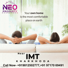 an ad for neo property kharkhoda shows a man and a woman sitting on a couch