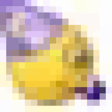 a yellow and purple object is floating in the air on a white background .