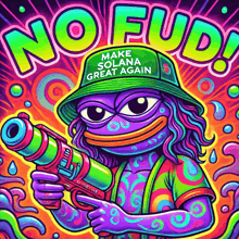 an illustration of a purple frog holding a gun with the words make solana great again