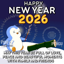a happy new year 2026 greeting card with a penguin