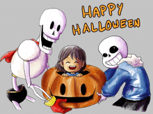 two skeletons and a girl in a pumpkin with the words happy halloween on the bottom