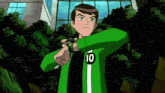 ben tennyson is wearing a green jacket with the number 10 on it