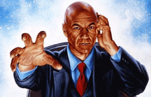 a painting of a man in a suit and tie making a monster hand gesture